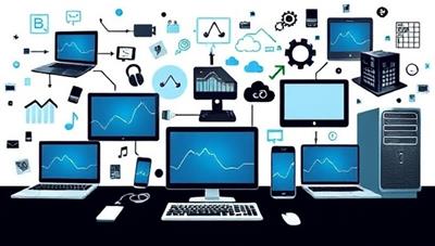 A dynamic collage of tech devices like laptops, smartphones, and servers being remotely monitored and supported by the BizTech Assist team, symbolizing the seamless and efficient tech support services provided to small businesses.
