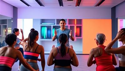 A vibrant digital interface displaying a virtual fitness coach leading an interactive workout session with diverse participants, showcasing energy, motivation, and inclusivity.