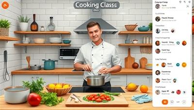 An interactive digital kitchen setting, showcasing a virtual cooking class session with a chef demonstrating culinary techniques, surrounded by ingredients, cooking utensils, and a live chat feature for participant engagement, capturing the essence of virtual culinary education and gastronomic delight.