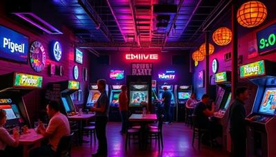 An inviting and nostalgic setting of a retro gaming lounge with neon lights, vintage arcade cabinets, cozy seating areas, and patrons enjoying classic games and drinks, capturing the vibrant and social atmosphere of Pixel Play Haven.
