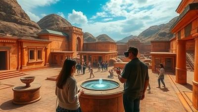 A virtual history tour scene featuring users exploring an ancient civilization, interacting with digital artifacts, and experiencing historical events in a visually captivating and immersive environment, capturing the essence of TimeWarp Explorers' virtual reality history tours.