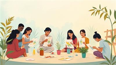An evocative illustration of a serene virtual art therapy session with a diverse group of participants engaging in art-making activities, surrounded by calming colors and nature elements, conveying a sense of tranquility and emotional connection through creative expression.