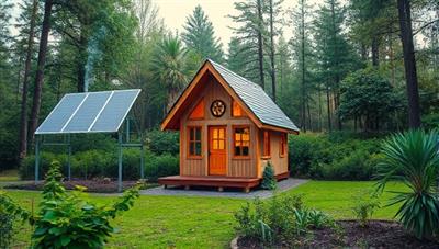 An enchanting image of a tiny house nestled in a lush forest setting, surrounded by solar panels, a rainwater harvesting system, and a small vegetable garden, illustrating the harmony between nature and sustainable living.