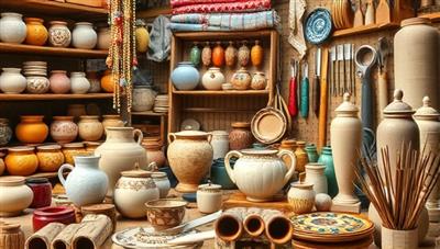 An artistic collage of handmade items such as pottery, textiles, and jewelry displayed on a virtual marketplace, surrounded by tools and crafting materials, evoking a sense of creativity, craftsmanship, and community in the artisanal world.