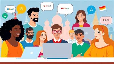 A vibrant and colorful digital illustration showcasing diverse individuals engaging in a virtual language exchange session, with speech bubbles in different languages, world landmarks, and cultural symbols in the background, symbolizing global communication and language diversity.