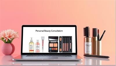 A vibrant virtual beauty consultation setup with a sleek laptop displaying skincare products, makeup palettes, and hair tools, symbolizing personalized beauty advice and digital connection.
