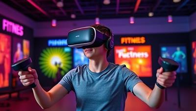 An individual wearing a VR headset and motion controllers, immersed in a virtual fitness environment with vibrant workout challenges and interactive fitness equipment, showcasing the dynamic and engaging fitness experience offered by FitQuest VR.