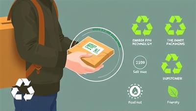 An artistic representation of the smart packaging system in action, showcasing a delivery person handing over a meal package with embedded RFID technology to a customer, with recycling symbols and eco-friendly messaging, highlighting the innovative and sustainable approach to food delivery.