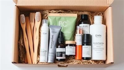 An aesthetically pleasing box filled with various sustainable beauty products like bamboo toothbrushes, organic lip balms, and refillable skincare containers, symbolizing eco-consciousness and luxury.