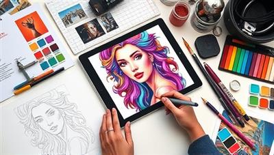 An artist's workspace with a digital tablet and stylus creating a vibrant and intricate digital art portrait, surrounded by sketches, color palettes, and inspirational images, reflecting the creativity and personalized nature of the art service.
