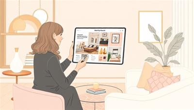 An elegant digital illustration of a virtual design consultation session, with a designer presenting a mood board and design concept on a tablet screen to a client, surrounded by stylish home decor elements and swatches, illustrating a sophisticated and collaborative design process with DesignVista.