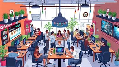 A dynamic visual of a bustling gaming cafe and co-working space filled with gamers, freelancers, and students engaged in gaming sessions, collaborative work activities, and social interactions, creating a vibrant and inclusive community atmosphere.