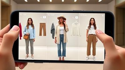 An AR visualization of a user trying on different outfits virtually using the StyleSwap app, with a seamless transition between clothing items and accessories, showcasing the convenience and versatility of the virtual try-on experience.