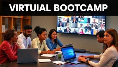 An eye-catching promotional graphic featuring diverse individuals engaged in a virtual bootcamp session, with laptops, notebooks, and vibrant digital screens displaying educational content, conveying a collaborative and immersive learning experience.