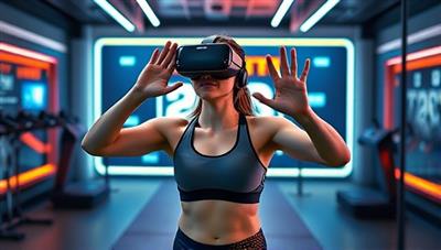 An individual wearing VR fitness gear, exercising in a virtual reality environment with a digital trainer guiding them through a workout routine, surrounded by futuristic fitness equipment and motivational visuals, illustrating the immersive and dynamic nature of VR FitZone.