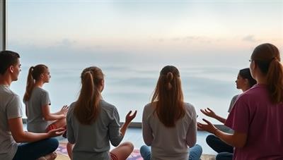 A group of students engaged in a mindfulness exercise led by a facilitator, with serene and calming visuals in the background, creating a peaceful and supportive atmosphere, symbolizing the mental wellness focus of MindMatters Academy workshops.