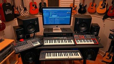 A digital music studio setup with MIDI controllers, studio monitors, synthesizers, and a computer screen displaying music production software, surrounded by creative musical instruments and a vibrant atmosphere, inspiring participants to embark on their music production journey and unleash their musical creativity.