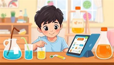 A colorful digital illustration of a child conducting a science experiment at home using the virtual science kit, surrounded by test tubes, beakers, and a tablet displaying the experiment instructions, fostering curiosity and learning in a fun environment.