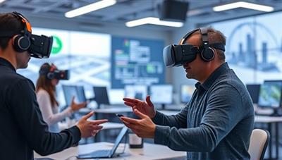 An immersive visual representation of a virtual reality training session, featuring professionals engaging in collaborative tasks and skill-building exercises in a simulated workplace environment, with futuristic VR headsets and interactive tools enhancing the learning experience, symbolizing innovation and practical skill development.