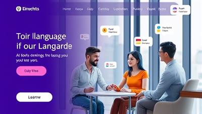 A modern, sleek interface of the language learning platform with AI chatbots conversing with users in different languages, creating an immersive and dynamic learning environment.
