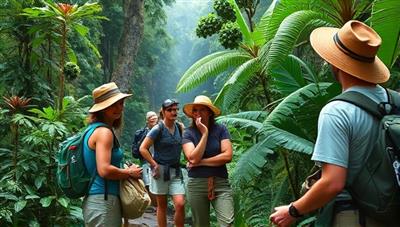 A serene image of a group of travelers in eco-friendly gear exploring a lush rainforest, with a guide pointing out unique plant species, illustrating a harmonious interaction between humans and nature.
