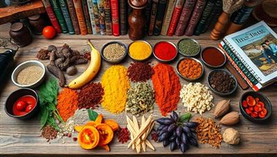 An array of colorful spices, exotic fruits, and unique ingredients neatly arranged on a rustic wooden table, surrounded by cultural artifacts and cookbooks, creating a vibrant and immersive culinary setting.