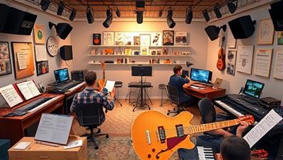 An artistic representation of a virtual music studio with musicians practicing, composing, and interacting in a digital space filled with musical instruments, sheet music, and creative tools, capturing the essence of collaborative and immersive music learning.