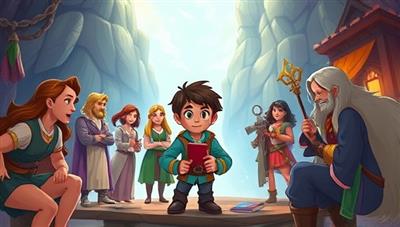 An animated scene showcasing a player making a crucial decision in the interactive storytelling game, surrounded by intriguing characters and fantastical settings, capturing the immersive and engaging nature of StoryQuest Adventures.