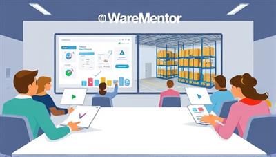 An illustration of a virtual classroom setting with WareMentor branding, showing a diverse group of students interacting with online modules and a virtual warehouse simulation, capturing the dynamic and educational nature of the training platform.