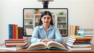 An online career counseling session depicted through a virtual meeting with a career counselor providing guidance to a client, surrounded by career-related books and resources, creating a professional and supportive atmosphere.