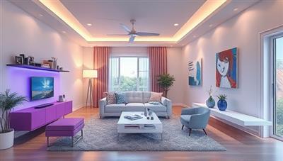 An aesthetically pleasing digital rendering showcasing a room with virtual AR overlays of furniture, decorations, and color schemes, creating a seamless blend of virtual and physical elements in a modern interior design setting.