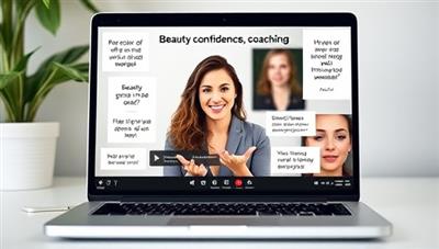 A virtual beauty confidence coaching session displayed on a laptop screen, featuring a mentor guiding a client through self-care practices, positive affirmations, and beauty routines, surrounded by motivational quotes and inspirational images, creating a supportive and empowering atmosphere.