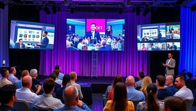 An image of a virtual event setup with multiple screens showcasing different event elements, virtual attendees interacting, and a host engaging with the audience, capturing the essence of a dynamic and interactive virtual event experience.