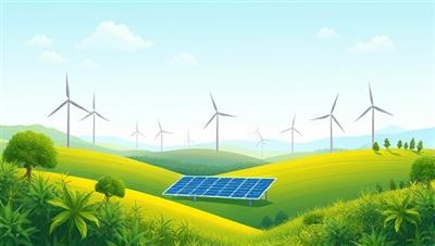 An illustration of a lush green landscape with wind turbines and solar panels, symbolizing clean energy and sustainable investments in a visually appealing and engaging manner.