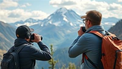 An outdoor photography session capturing a traveler in awe of a majestic mountain landscape, with a professional photographer adjusting camera settings and framing the shot, surrounded by natural beauty and a sense of adventure and discovery.