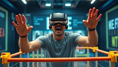 An individual wearing a VR headset while enthusiastically completing a virtual obstacle course in a futuristic digital environment, surrounded by motivational fitness quotes and achievements.