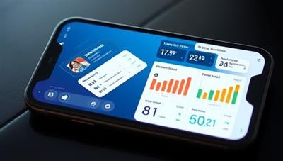 An AI-powered personal trainer interface on a smartphone screen, displaying workout recommendations, progress charts, and motivational messages tailored to the user's fitness goals and preferences, illustrating the cutting-edge technology and personalized coaching offered by AI Fit Trainer.