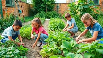 A vibrant garden scene with children and teens planting, harvesting, and tending to vegetables and herbs in a sustainable garden setting, surrounded by greenery and eco-friendly farming materials, illustrating the hands-on and educational nature of GreenSprout Youth's sustainable agriculture program.