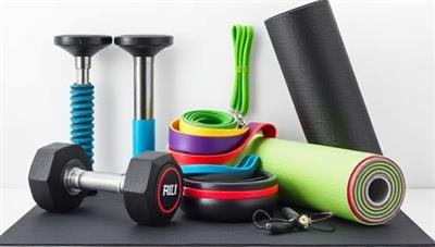 A curated selection of premium fitness equipment items displayed in a sleek and organized fashion, featuring adjustable dumbbells, resistance bands, and a yoga mat, showcasing the variety and quality of gear available through the FitFlex Gear rental service, enticing users to elevate their home workouts with personalized equipment selections.