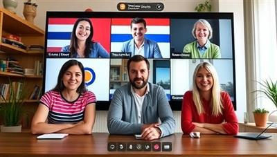 An engaging online language exchange session where users from different parts of the world interact via video call, practicing their language skills, sharing cultural insights, and forming meaningful connections through the power of multilingual communication and exchange.