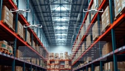An aerial view of a warehouse with drones flying overhead, scanning shelves and tracking inventory, with digital data streams showing real-time stock levels and warehouse insights, demonstrating the efficiency and accuracy of DroneStock Monitor.