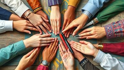 An artistic collage of diverse hands exchanging tools and artistic materials symbolizing the exchange of creative skills and knowledge in a vibrant and collaborative community setting.