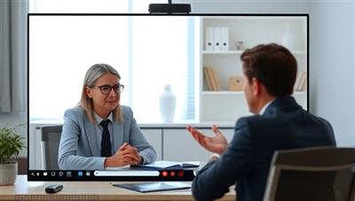 An image of a virtual mediation session with a mediator facilitating a discussion between two parties via video call, showcasing the professionalism and effectiveness of the subscription-based mediation service.