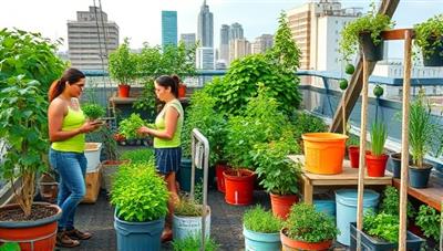 A vibrant rooftop garden scene with urban farmers harvesting fresh produce, surrounded by potted plants, gardening tools, and sustainable farming equipment, creating a lush and eco-friendly urban oasis for sustainable agriculture.