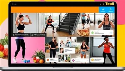 A dynamic and colorful online platform featuring fitness trainers demonstrating exercises, nutritionists sharing healthy recipes, and teenagers engaging in virtual workout sessions and wellness challenges, reflecting the energetic and youth-centric approach of TeenFit Life's coaching programs for teens.