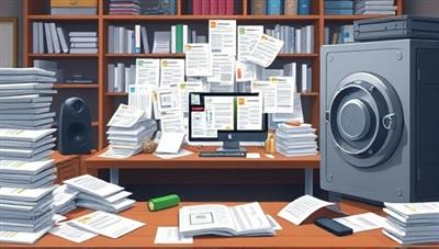 An animated image showing a cluttered desk with scattered paper receipts transforming into organized digital receipts stored securely in a virtual vault, with a user-friendly interface for easy access and management, symbolizing efficiency and digitization.