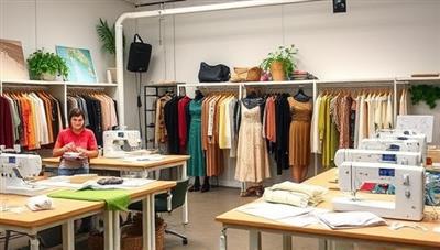 A trendy design studio filled with sustainable fabrics, sewing tools, and fashion sketches, with participants engaging in a sustainable fashion design workshop, creating unique garments and accessories, reflecting a blend of creativity, style, and environmental consciousness.