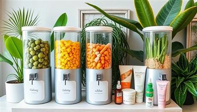An eye-catching refill station setup with sleek dispensers filled with colorful organic beauty products, surrounded by lush green plants and eco-friendly packaging, promoting a sustainable and environmentally friendly beauty experience.