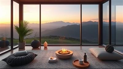 An image of a serene virtual retreat setting with calming visuals, relaxing ambiance, and digital wellness tools for guided meditation and self-reflection, inviting participants to embark on a mindful and transformative journey from the comfort of their homes.