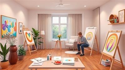 A serene virtual art therapy studio setup with calming colors, art supplies, and participants engaging in therapeutic art activities, expressing their emotions through creative artworks, promoting healing and self-discovery in a supportive virtual environment.
